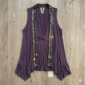 Free People Sequin Border Longline Vest in Eggplant Purple